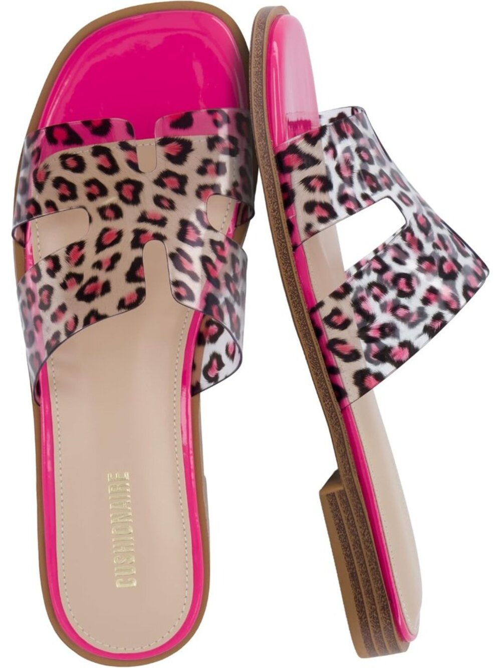 Women's Pink/Leopard Memory Foam Vegan Leather Cutout Strap Slip On Flat Shoes